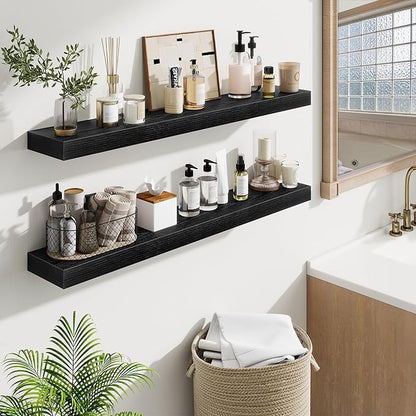 Fun Memories 40 Inch Floating Shelves, Long Wood Wall Shelf Set of 2 with Invisible Brackets, for Bathroom, Living Room, Bedroom, Kitchen, Black