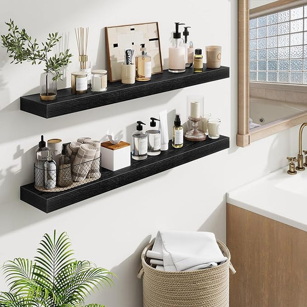 Fun Memories 40 Inch Floating Shelves, Long Wood Wall Shelf Set of 2 with Invisible Brackets, for Bathroom, Living Room, Bedroom, Kitchen, Black