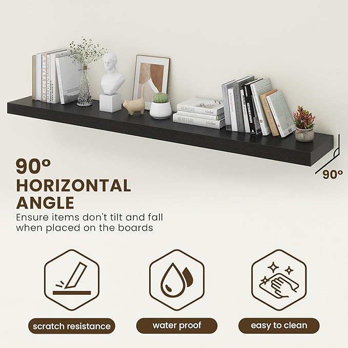 72 Inch Floating Shelves | 12 Inch Deep Black Floating Shelves Set of 2 | 72" W x 12" D Rustic Black Wood Wall Shelves for Bathroom Living Room Kitchen Laundry Room