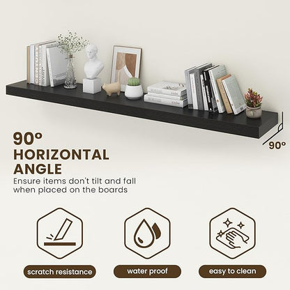 72 Inch Floating Shelves | 12 Inch Deep Black Floating Shelves Set of 2 | 72" W x 12" D Rustic Black Wood Wall Shelves for Bathroom Living Room Kitchen Laundry Room