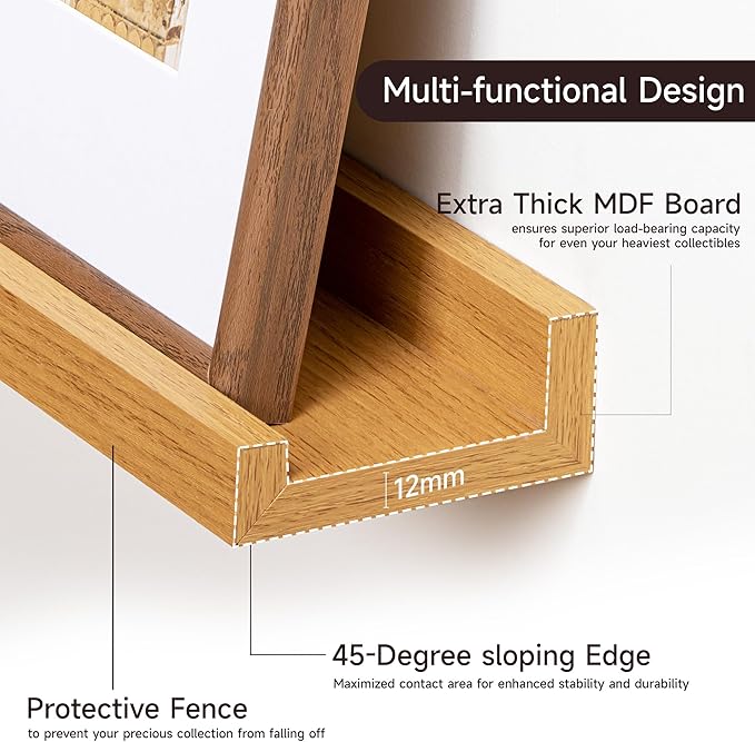 Fun Memories Picture Ledge Shelf, 32 Inch Floating Shelves Set of 2, Large Nursery Book Shelves for Toys Storage, Kids Bookshelf Wall Mounted for Wall Decor Books Photo Frames, Oak