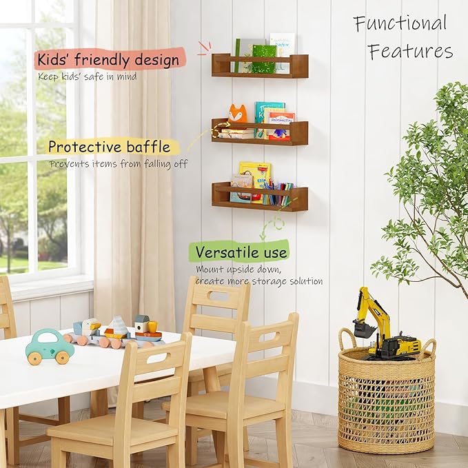 Walnut Brown Nursery Book Shelves Wall Mounted, Wooden Floating Bookshelf for Kids Room Bedroom, Dark Wood Nursery Bookshelves for Kitchen Classroom Playroom (Solid Pine, 3-Pack)