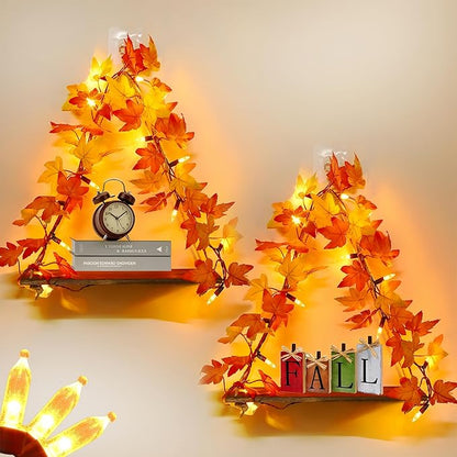Fall Wall Decor Macrame Wall Hanging Shelf with Fall Lighted Garland,2 Pack Fall Leaves Garland Lights Boho Floating Shelves for Bedroom Living Room Boho Wall Décor, Fall Decorations for Home