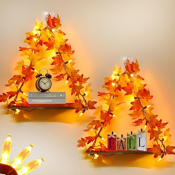 Fall Wall Decor Macrame Wall Hanging Shelf with Fall Lighted Garland,2 Pack Fall Leaves Garland Lights Boho Floating Shelves for Bedroom Living Room Boho Wall Décor, Fall Decorations for Home