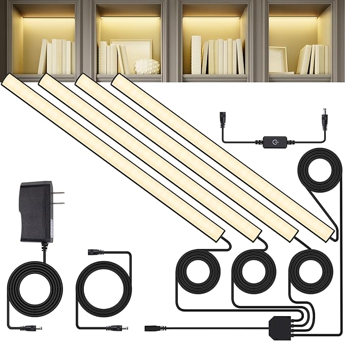 JUSJUBR 4x12 Inch Natural White 4500K Shelf Lights, Dimmable Shelf Lighting with Memory Function, Ultra-Thin Black LED Light Bars for Cabinet, Display Case and Bookshelf
