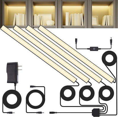 JUSJUBR 4x12 Inch Natural White 4500K Shelf Lights, Dimmable Shelf Lighting with Memory Function, Ultra-Thin Black LED Light Bars for Cabinet, Display Case and Bookshelf