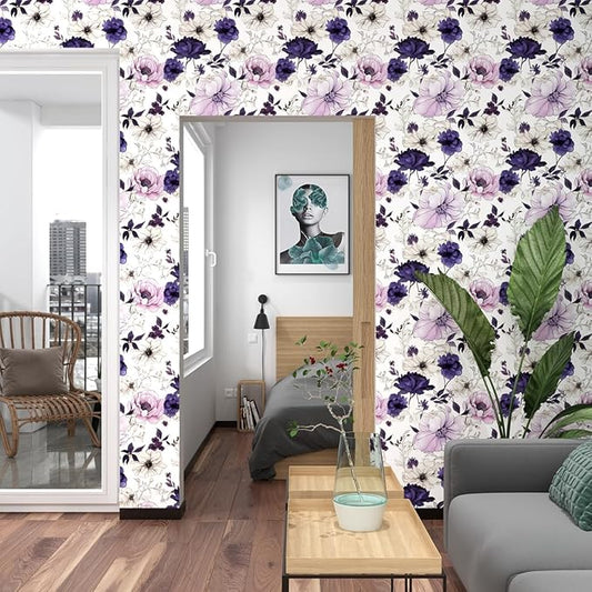 Watercolor Floral Peel and Stick Wallpaper,Purple/White/Pink Flower Contact Paper, Botanical Wall Paper Self Adhesive Removable Waterproof for Bedroom Shelves Cabinet Drawer Table Decor 17.5" x 393.7"