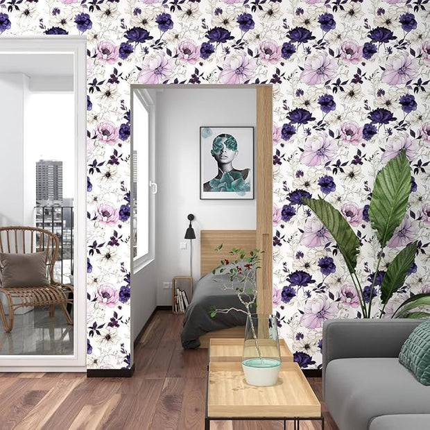Floral Peel and Stick Wallpaper,Purple/White/Pink Watercolor Flower Contact Paper, Botanical Wall Paper Mural Self Adhesive Removable Waterproof for Bedroom Shelves Cabinet Drawer Table 17.5" x 118"