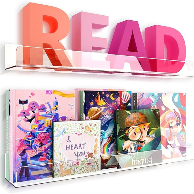 24 inches Wall Mounted Kids Bookshelf, Clear Acrylic Display Book Shelves for Kids Room Nursery Toddler Classroom 2 Packs