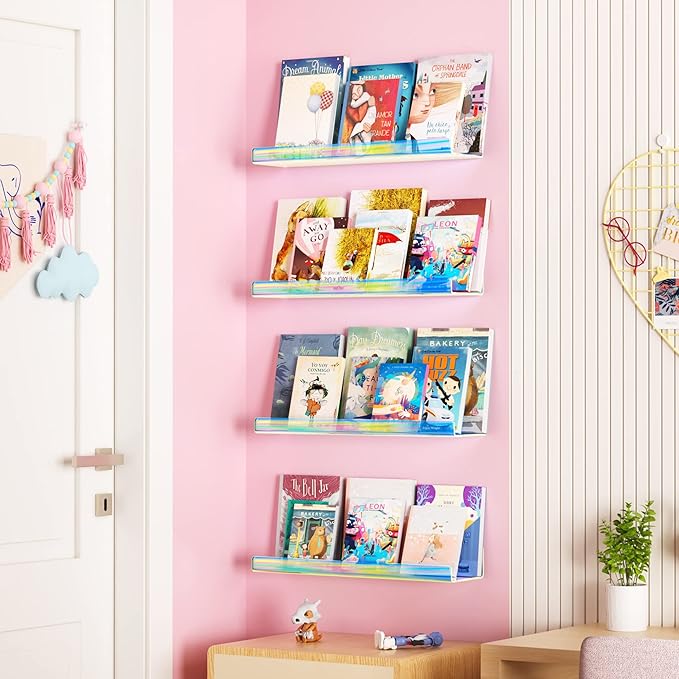 upsimples Acrylic Shelves for Wall Decor, 15" Display Shelf for Perfume, Skincare, Nail Polish, Wall Organizer for Bathroom, Bedroom, Living Room, Playroom, Kids Bookshelf, Iridescent, 4 Pack