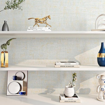 FunStick 24"x200" Blue and Gold Grasscloth Peel and Stick Wallpaper Textured Blue Wall Paper Peel and Stick Modern Bedroom Wall Decor Self Adhesive Vinyl Contact Paper for Kitchen Cabinets Shelves