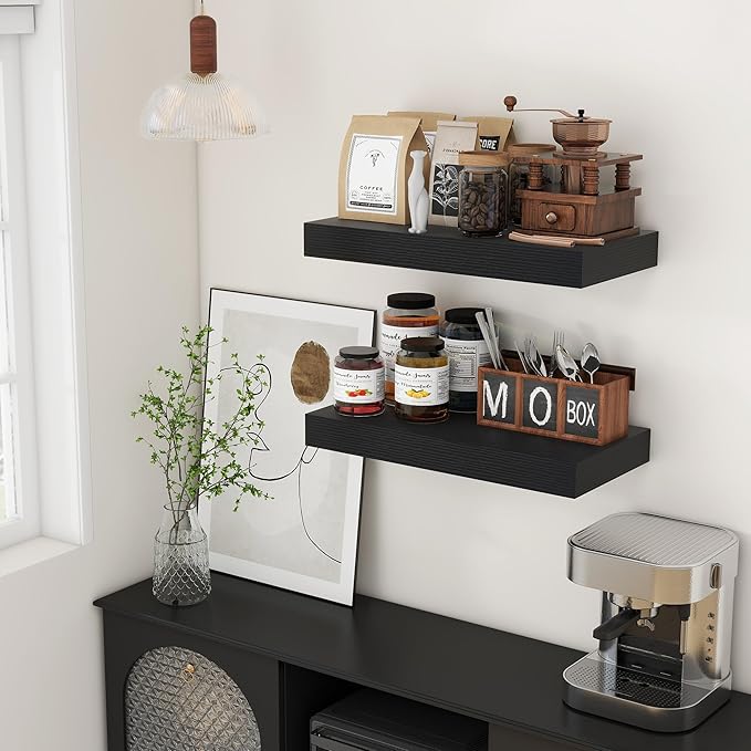 Deep Floating Shelves | 24 Inch Black Floating Shelves Set of 2 | 12 Inch Deep Rustic Wood Shelves for Wall | 24