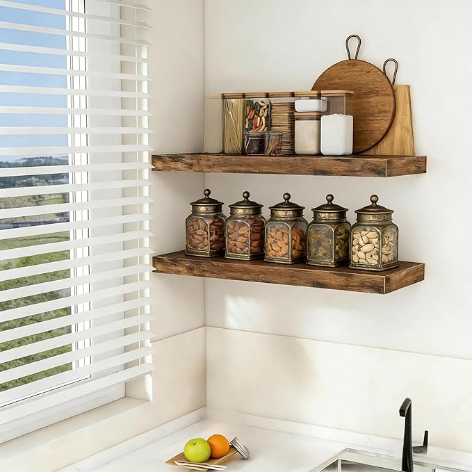 Vervida® Floating Shelves for Wall 35.4" Extra Long - Wall Shelf Bathroom Kitchen Living Room Bedroom Farmhouse Home Decor Display Bookshelf Large 35.4 x 9.3 inch Set of 3, Rustic Brown