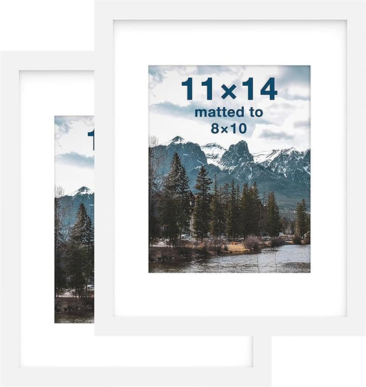 FrameWorks 2-Pack, 11x14 Matted to 8x10 Picture Frame, White – Classic Wooden Photo Frame with Tempered Glass, Modern Matte Finish for Prints, Posters, Certificates & Wall Decor – Gallery-Ready