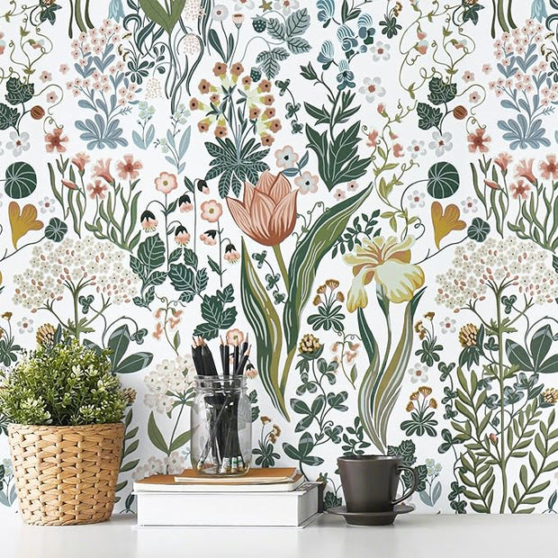 Peel and Stick Wallpaper Vintage Wall Paper White Floral Contact Paper Removable 17.3"x196.8" Leaf Flower Self Adhesive Waterproof Wallpaper for Bedroom Drawer Decor