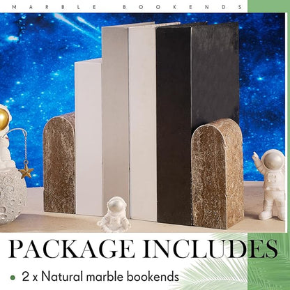 2 Pcs Travertine Natural Marble Bookends for Shelves, Decorative Book Ends Solid Bookends Heavy Duty Book Holders, Bookshelf Decor for Home Study Bathroom Kitchen Cd Video Games (Grey)