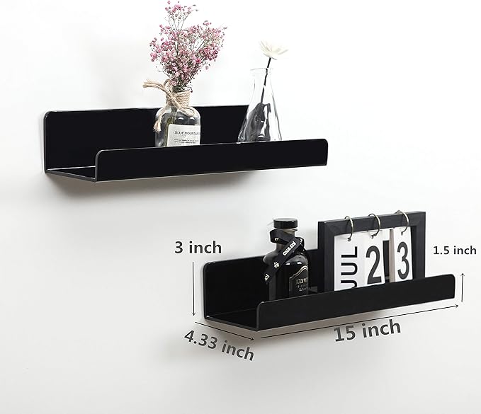 IEEK 15 Inch Black Acrylic Floating Wall Ledge Shelf,Wall Mounted Nursery Kids Bookshelf,5MM Thick Home/Office/Bathroom Storage Shelves Display Organizer Set of 3