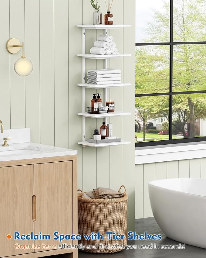 White 5 Tier Wall Shelf Unit for Shoes Display, Lack Wall Bookshelf for Bedroom, Vertical Tiered Floating Book Shelves for Office Living Room Bathroom Vanity Kitchen Closet Purses Bags