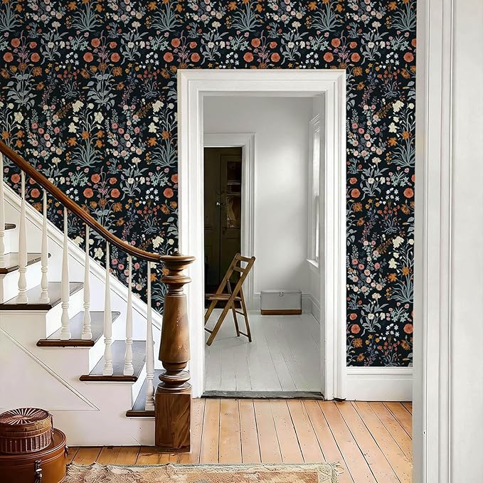 Floral Peel and Stick Wallpaper Vintage Wallpaper Dark Blue Wall Paper Wildflower Contact Paper for Cabinets Vinyl Renter Friendly Waterproof Self-Adhesive Bathroom Kitchen Bedroom 78.7
