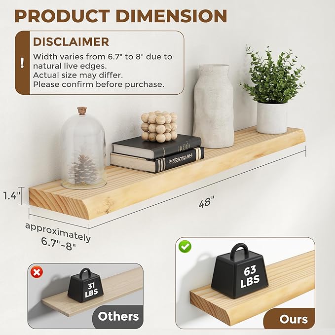 RICHFOCUS Floating Shelves for Wall 48 Inch Solid USA-Sourced Oak Wooden Shelves for Bathroom Kitchen 9" Deep Modern Wood Shelf with Heavy-Duty Bracket for Wall Mounted, Natural Finish