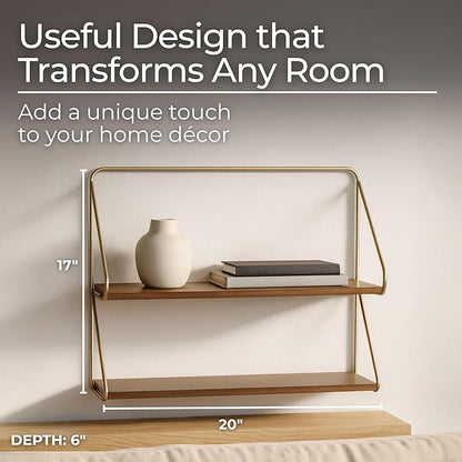 Wood Floating Shelf for Wall – 2-Tier Floating Shelves with Iron Frame, Home Decor Shelf for Bedroom – Modern Wall Shelves for Living Room & Bathroom – 20", Gold & Wood