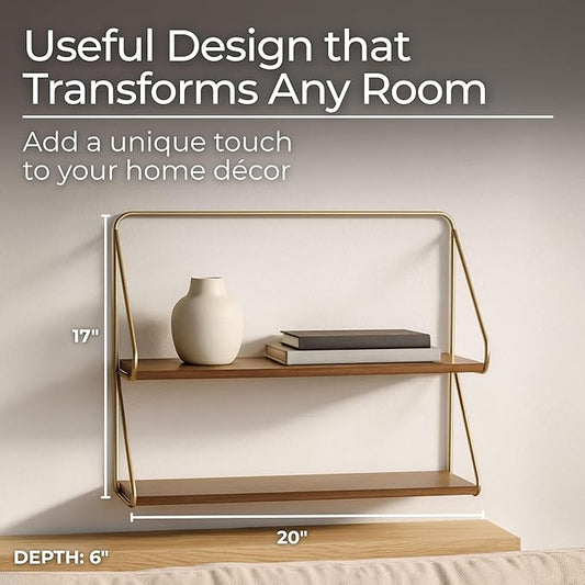 Wood Floating Shelf for Wall – 2-Tier Floating Shelves with Iron Frame, Home Decor Shelf for Bedroom – Modern Wall Shelves for Living Room & Bathroom – 20", Gold & Wood