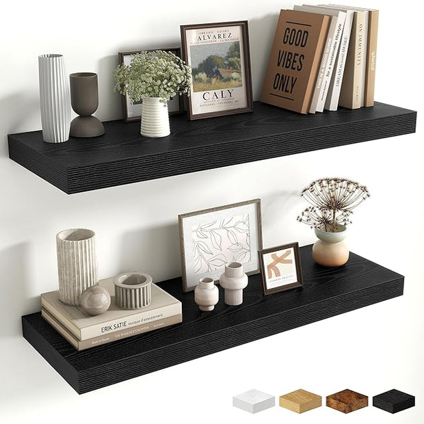 Fun Memories Floating Shelves for Wall, 30 Inch Long Floating Shelves Set of 2, 30 x 10 Wooden Shelves for Wall, Large Storage Shelves, Hanging Shelves for Bathroom Kitchen Bedroom, Black