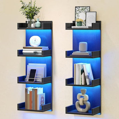 HOOBRO Floating Wall Shelves with LED Lights, Floating Shelf Wall Mounted for Storage, Vertical Display Stand, Modern Column Rack, for Bedroom, Livingroom, 4-Tier, 35.8 Inches, Black, BK41DBJ01
