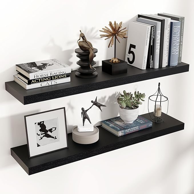 Floating Shelves for Wall 36"W x 7.8"D x 1.5"H, Engineered Wood Wall Shelves with Invisible Brackets for Living Room Bedroom Bathroom Office Kitchen Decor and Storage, Black Finish, Set of 2