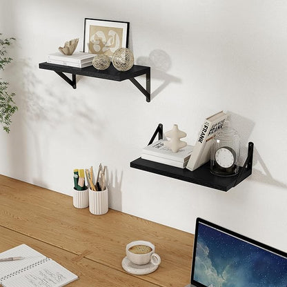 Floating Shelves, 8 Inch Deep Rustic Wood Wall Storage, 16W x 8D Wall Shelves Set of 2, Heavy Duty Metal Brackets, Industrial Book Shelf for Living Room, Kitchen, Bathroom, Bedroom, Black