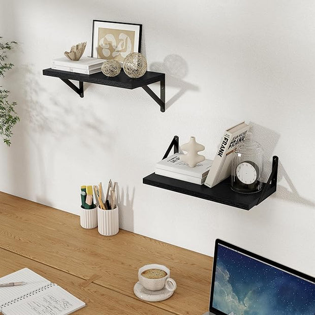 Floating Shelves, 8 Inch Deep Rustic Wood Wall Storage, 16W x 8D Wall Shelves Set of 2, Heavy Duty Metal Brackets, Industrial Book Shelf for Living Room, Kitchen, Bathroom, Bedroom, Black