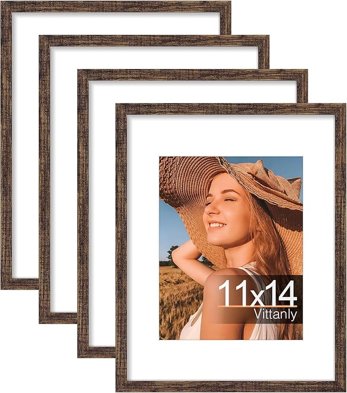 Vittanly 11x14 Picture Frames Set of 4, Display Pictures 8x10 with Mat or 11x14 without Mat, Gallery Frame for Wall or Tabletop Display, Engineered Wood with Shatter Resistant Plexiglass, Rustic Brown