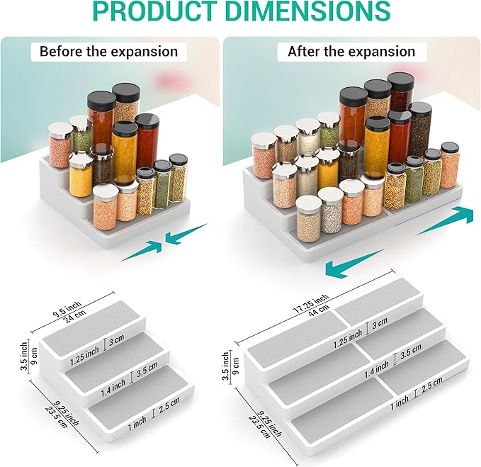 YAN & HIN Expandable Spice Rack Organizer for Cabinet (2 Pack), 3-Tier Tiered Spice Shelf Organizer with Non-Skid Surface, Adjustable Pantry Organizer for Spices, Cans & Medicine Cabinet