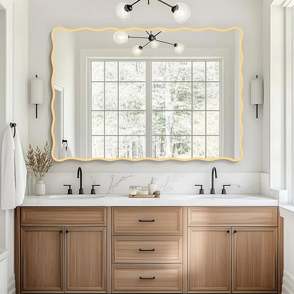 Gold Wavy Bathroom Mirror 28" x 40" Rectangle Scalloped Mirror for Wall Decor, Bathroom Vanity, Bedroom, Living Room, Entryway