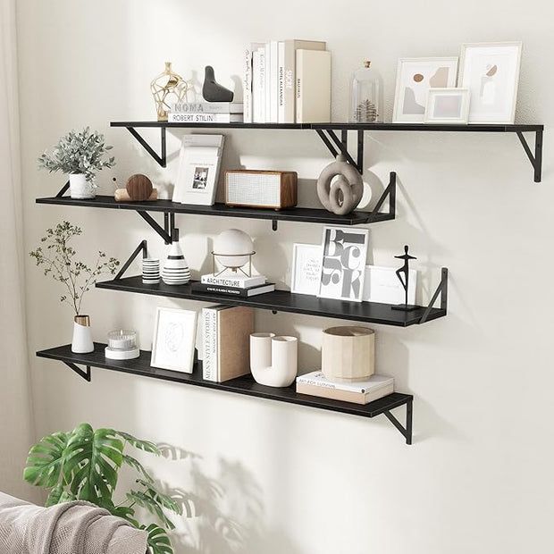 Floating Shelves for Wall,48" Wx8 D Wood Wall Shelves,Hanging Storage Floating Shelf with Metal Brackets,Wide Floating Bookshelf for Living Room,Office,Bedroom,Bathroom,Set of 2,Black