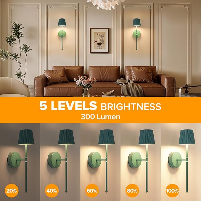 LUTEC Cordless Wall Sconces Set of 2, 5200mAh Wireless Rechargeable Battery Operated LED Wall Lamps, 3 Color Stepless Dimming Portables Lightings for Wall Painting/Living Room/Bedroom/Hallway Decor