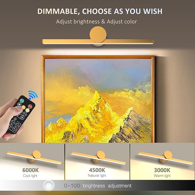 ZitoStory Battery Operated Picture Light for Wall with Remote,Wireless Dimmable Art Lights for Paintings Rechargeable Gallery Light Artwork Lighting for Canvas, Portrait (Gold,15.35'' Inch)
