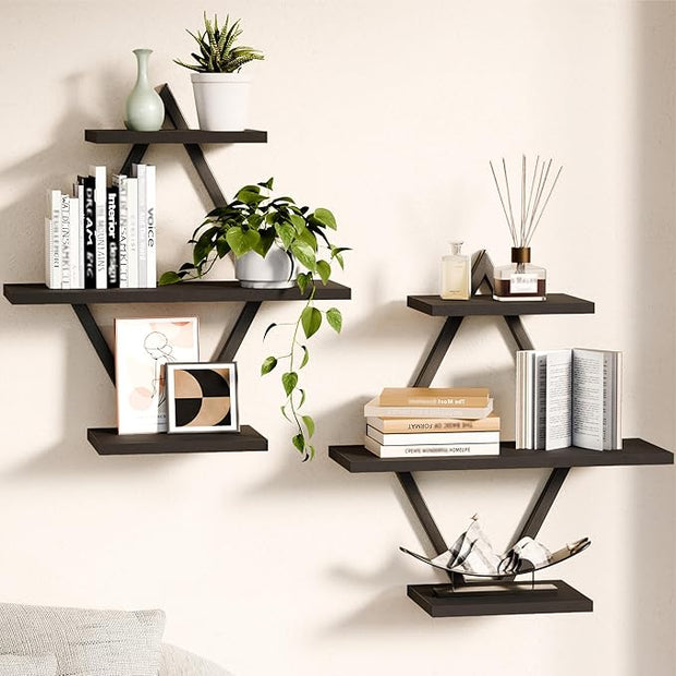 Floating Shelves, Wall Shelf Set of 2, Wall Mounted Shelves, 3-Tier Hanging Wall Shelves for Bathroom, Living Room, Bedroom, Kitchen, Office (Black)