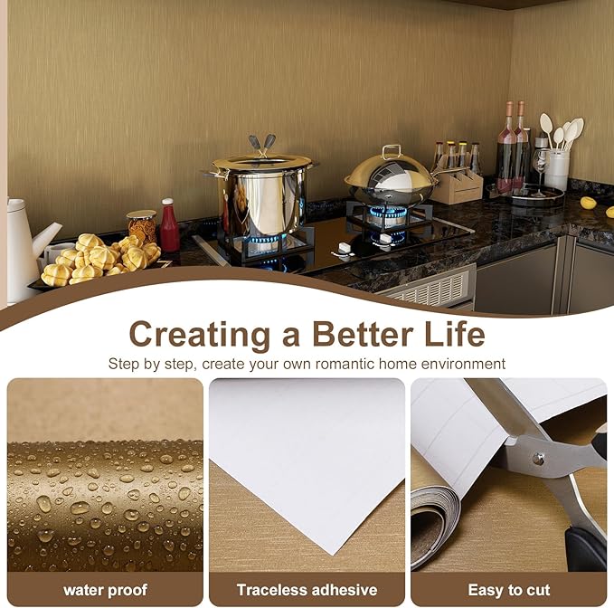 Stainless Steel Contact Paper 23.6"x 472" Dark Gold Stainless Steel Contact Paper Peel and Stick Countertop Removable Self Adhesive Thick Texture Vinyl Waterproof Wallpaper Fridge Kitchen Cabinets