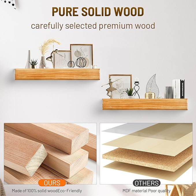 24 Inch Picture Ledge Shelf with Lip,Floating Shelves for Wall, Set of 2 Solid Pine Wood Shelves with Invisible Brackets, Wall Storage for Living Room, Bedroom, Kitchen, Bathroom(Carbonized Brown)