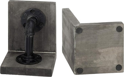 MyGift Book Ends Decorative for Shelves, Office Bookends for Heavy Books, Book Holder L-Shaped Stand Desktop, Vintage Gray Wood with Realistic Industrial Pipe Design