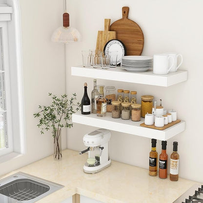 30 Inch Floating Shelves | 12 Inch Deep White Floating Shelves Set of 2 | 30" W x 12" D Rustic Wood Shelves for Wall | Deep White Shelves for Living Room Bathroom Laundry Room Kitchen