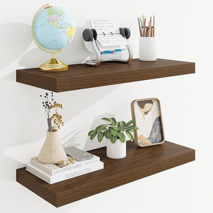 24in Floating Shelves for Wall, 24"W x 9.25"D x 1.25"H, 2 Pack Long Wall Mounted Engineered Wood Shelves with Invisible Brackets for Living Room, Bedroom, Bathroom, Kitchen Decor and Storage, Walnut