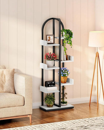 Corner Bookshelf, Curved 6-Tier Bookcase with Anti-Tip Kit, Adjustable Feet and Staggered Shelves for Living Room, Bedroom, Study, Office, White and Black TSJ06BW