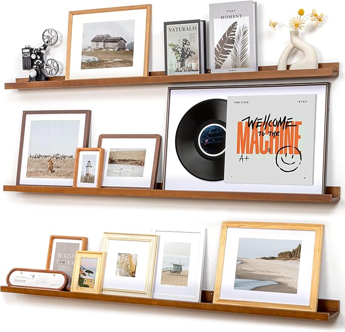 Picture Ledge Wall Shelves - Set of 3, 56 inches Width, Solid Pine Wood Rustic Floating Ledge Shelves for Kids' Room, Bedroom, Kitchen, Bathroom, Walnut