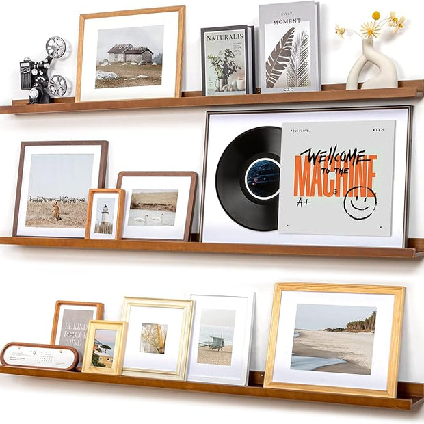 Picture Ledge Wall Shelves - Set of 3, 56 inches Width, Solid Pine Wood Rustic Floating Ledge Shelves for Kids' Room, Bedroom, Kitchen, Bathroom, Walnut