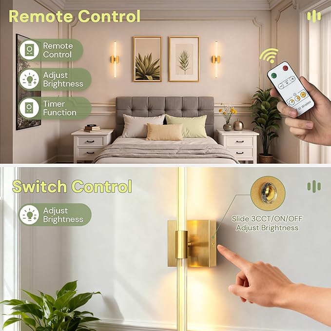 L LOHAS LED Battery Operated Wall Sconces Set of 2, 10000mAh Gold Battery Wall Sconce 360 Full Lighting, 3000K Dimmable Wireless Wall Light, Sconce Wall Decor for Bathroom, Bedroom, Living Room, 24in