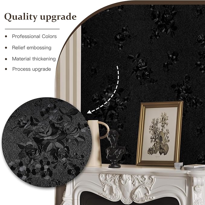 Dimoon 17.7''x118'' Peel and Stick Wallpaper Black Contact Paper Gothic Floral Modern Wall Paper Renter Friendly Self Adhesive Damask Cabinet Vinyl Roll(118''x17.7'', Black Floral Textured)
