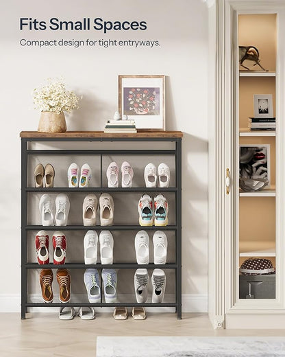 Shoe Rack, 5-Tier Slanted Shoe Storage Shelf, Narrow Shoe Rack for Entryway, Shoe Organizer with Adjustable Feet, Slim Shoe Shelf with Wooden Top and Metal Frame Rustic Brown and Black TXJ02BF