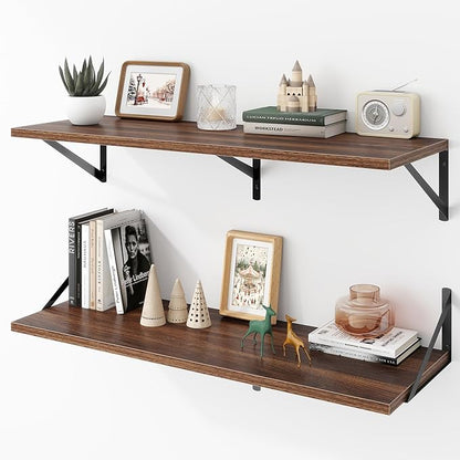 Deep Floating Shelves Wall Mounted, 36"x12" Walnut Wall Shelves with Brackets Set of 2 for Bedroom, Living Room, Bathroom, Kitchen, Office - Storage & Display Shelf for Decor, Books, Plants